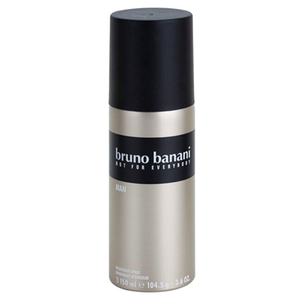 Deodorant-Spray von Bruno Banani. Zylinderförmige Flasche mit schwarzem Deckel und Logo.