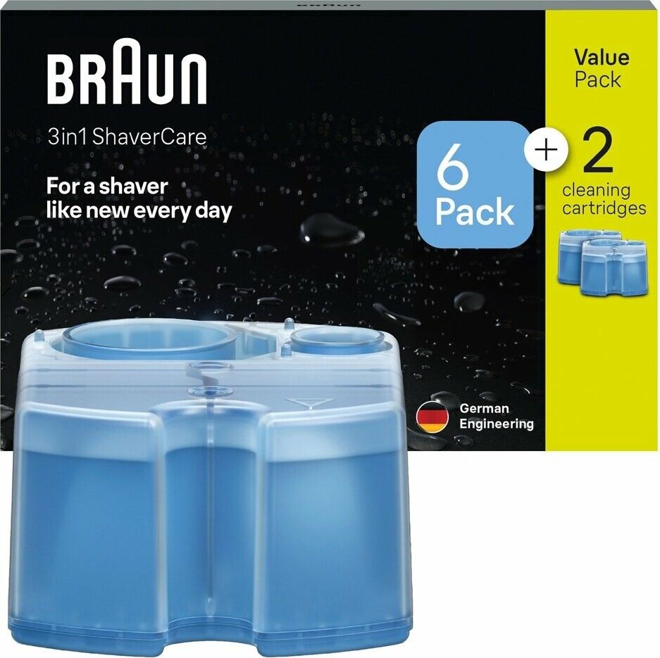 Braun 3in1 ShaverCare. 6+2 Reinigungs-Kartuschen. Blaue Kartuschen in Packung. "German Engineering".