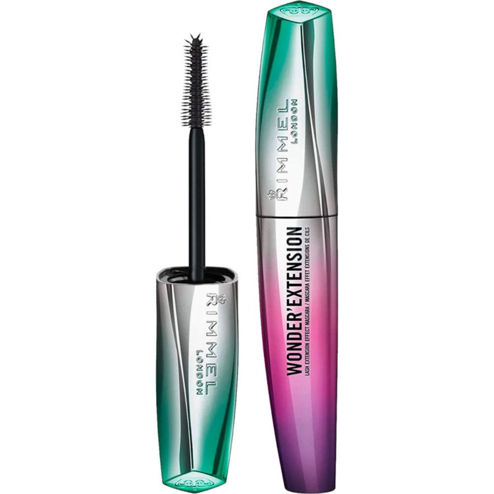 Rimmel Wonder'Extension Mascara. Flasche mit Bürste. Grün-Silber-Farbverlauf. Schwarze Mascara. Text: Sehr Schwarz.