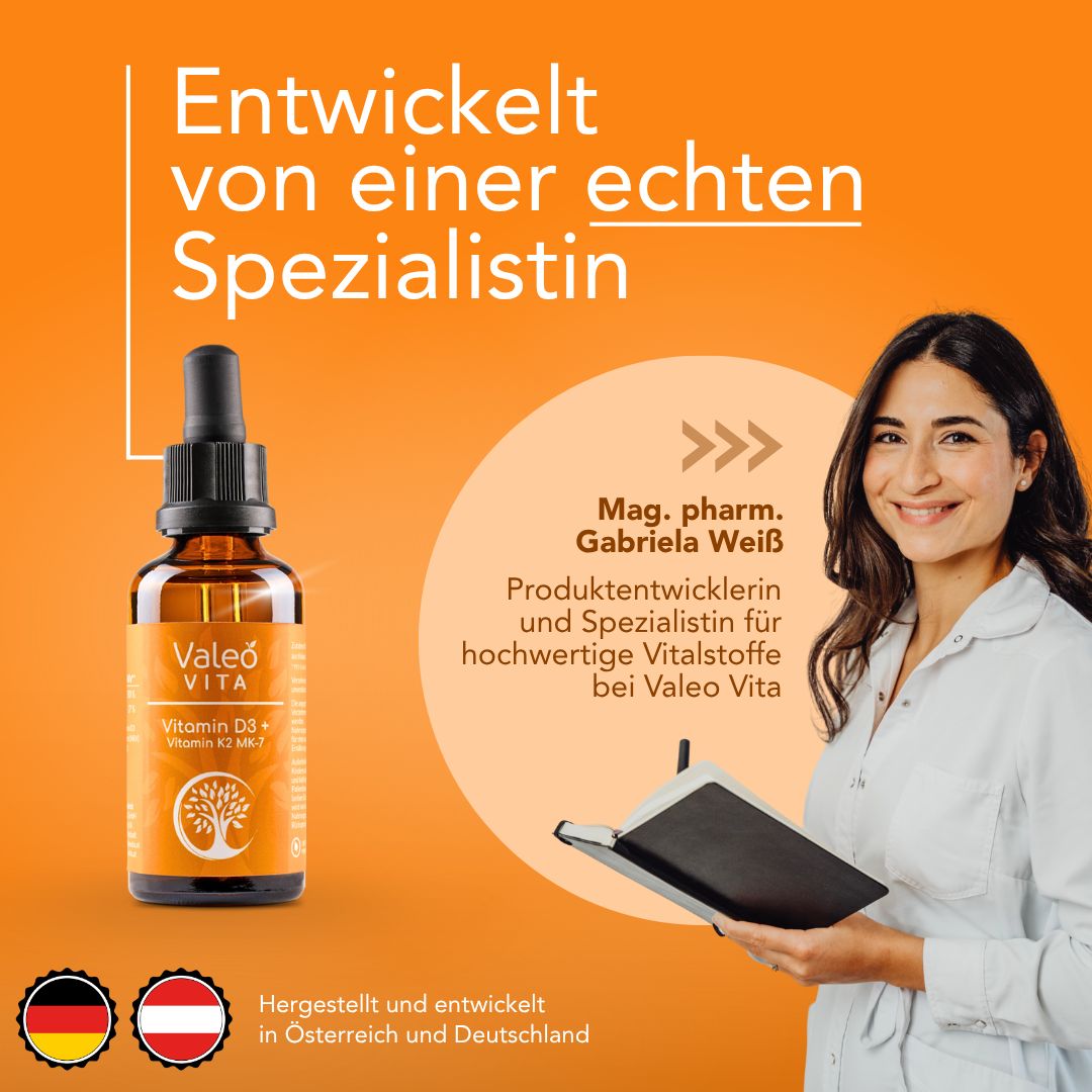 Produktflasche mit Tropfer neben Frau. Text: Entwickelt von einer echten Spezialistin. Valeo Vita, Vitamin D3+K2. Flaggen.