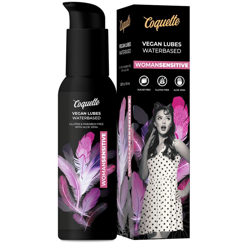 Coquette veganes Gleitgel, wasserbasiert, WomanSensitive. Schwarze Flasche mit Pumpspender und Kartonverpackung.