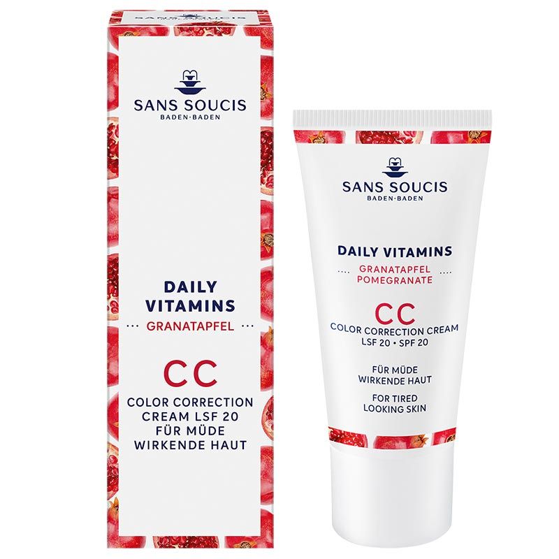 Produktverpackung und Tube. Aufschrift: Sans Soucis, Daily Vitamins, Granatapfel, CC Color Correction Cream LSF 20. Für müde Haut.