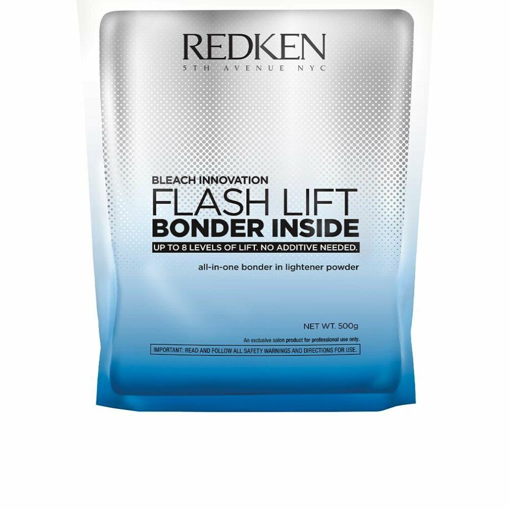 Redken Flash Lift Bonder Inside. Beutel mit Produktinformationen. Text: Flash Lift Bonder Inside, bis zu 8 Stufen Aufhellung, kein Zusatz erforderlich.