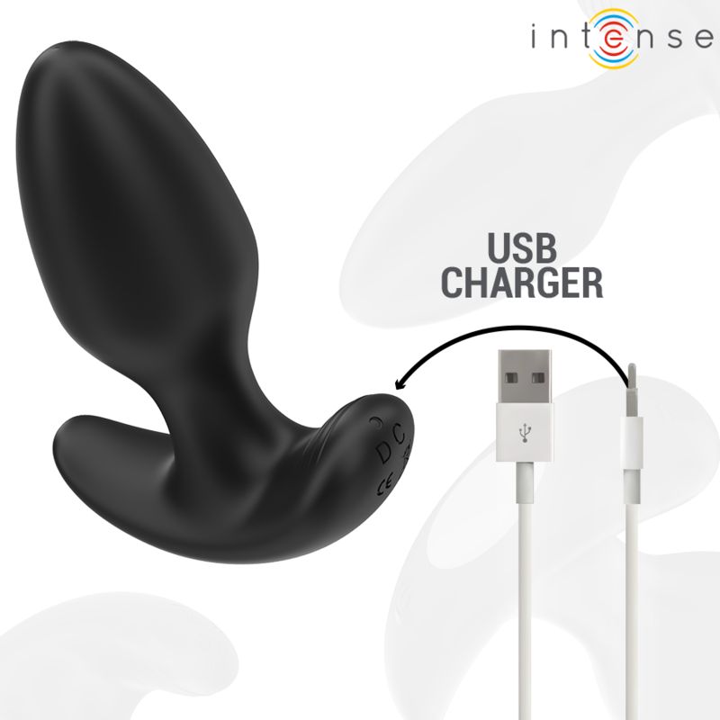 Schwarzer Anal Plug mit USB-Ladekabel. Marke: Intense. DC-Kennzeichnung.