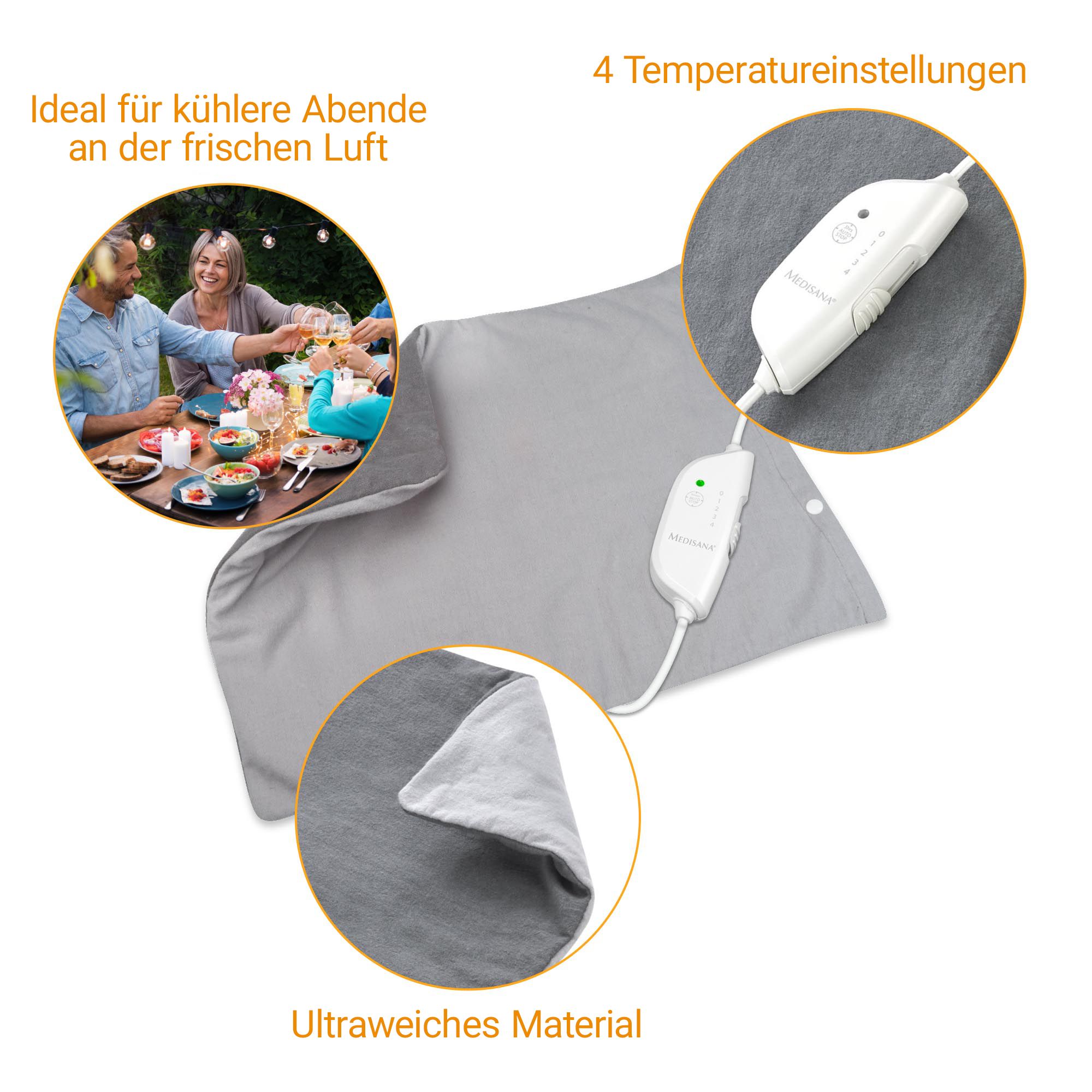 Graues Heizkissen mit Bedienelement, 4 Temperaturstufen, ultraweiches Material.