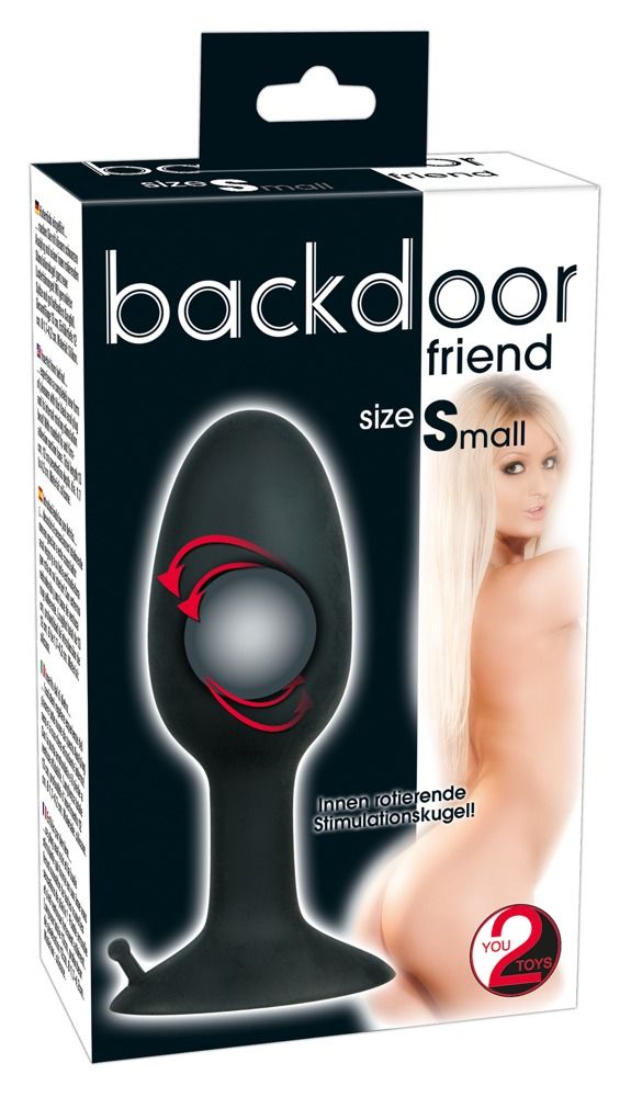 Verpackung für Backdoor Friend Analplug, Größe S, mit Produktabbildung.