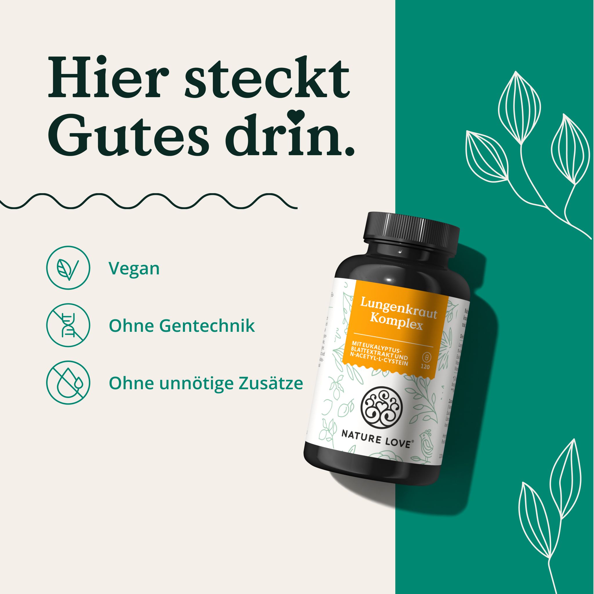 NATURE LOVE® Lungenkraut Komplex Flasche. Text: 'Hier steckt Gutes drin.' und Symbole für vegan, ohne Gentechnik, ohne Zusätze.