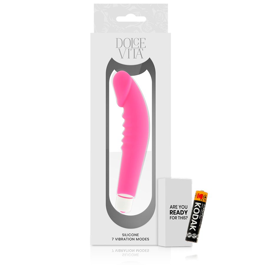 Verpackung mit rosa Silikon-Vibrator. Aufschrift 'Dolce Vita'. '7 Vibration Modes'. Batterie und 'Kodak'.