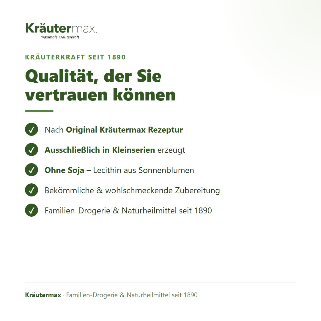 Braune Glasflasche mit weißem Etikett: Kräutermax Elixier Ginseng Ginkgo Lecithin. Grüne Flagge 'Premium Qualität'.