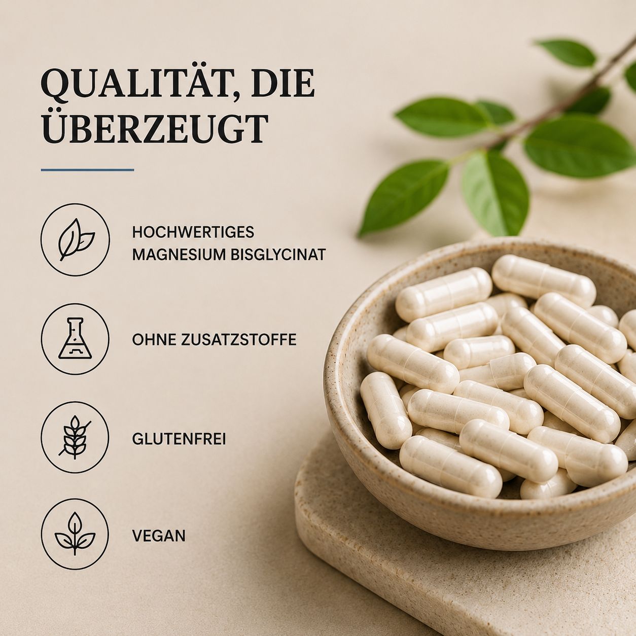 Hochwertiges, glutenfreies, veganes Magnesium Bisglycinat ohne Zusatzstoffe.