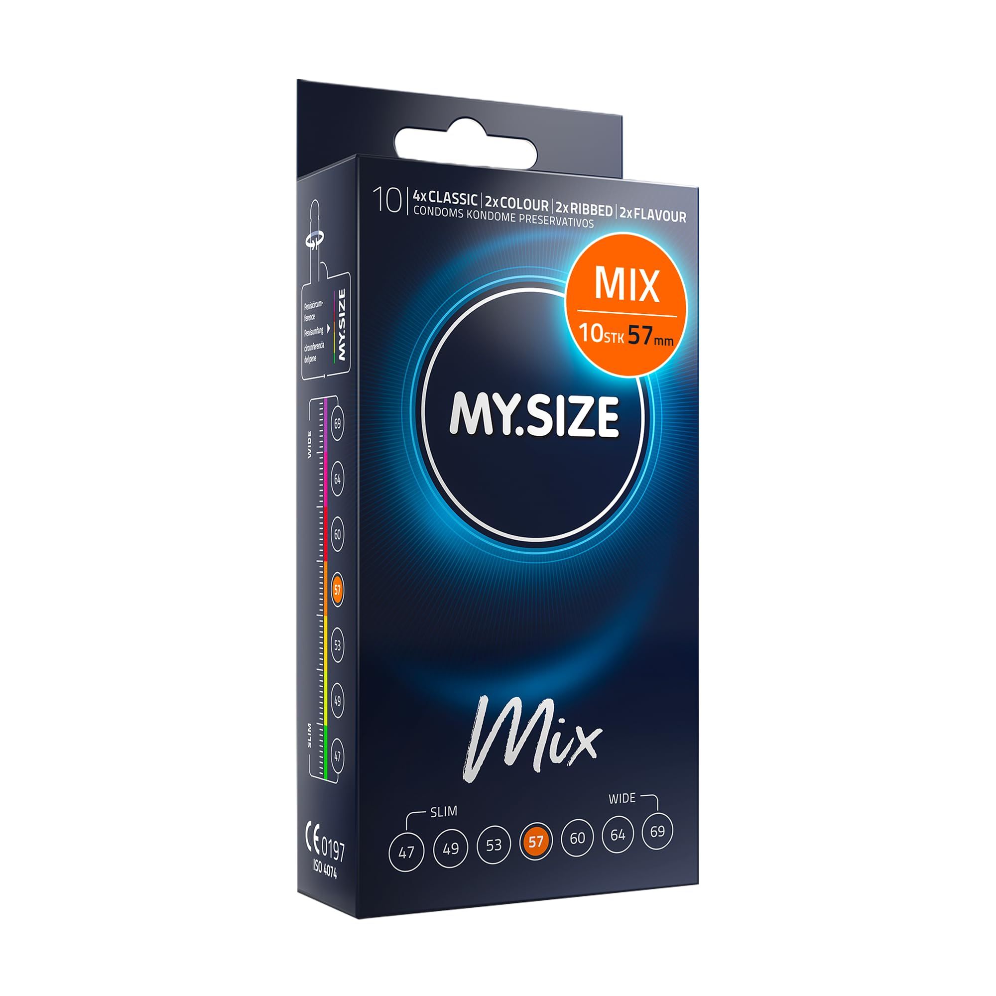 MY.SIZE Mix Kondompackung mit 10 Kondomen, 57 mm Nennweite.