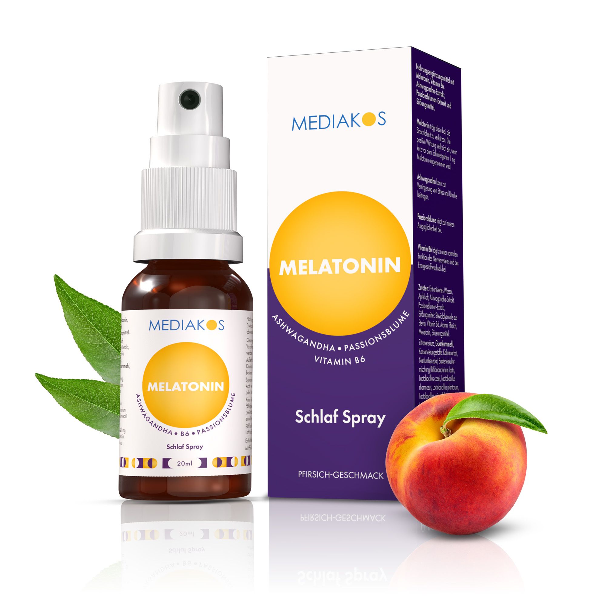 Sprayflasche und Schachtel mit Melatonin. Neben der Flasche ein Pfirsich und Blätter. Auf der Flasche steht Melatonin.
