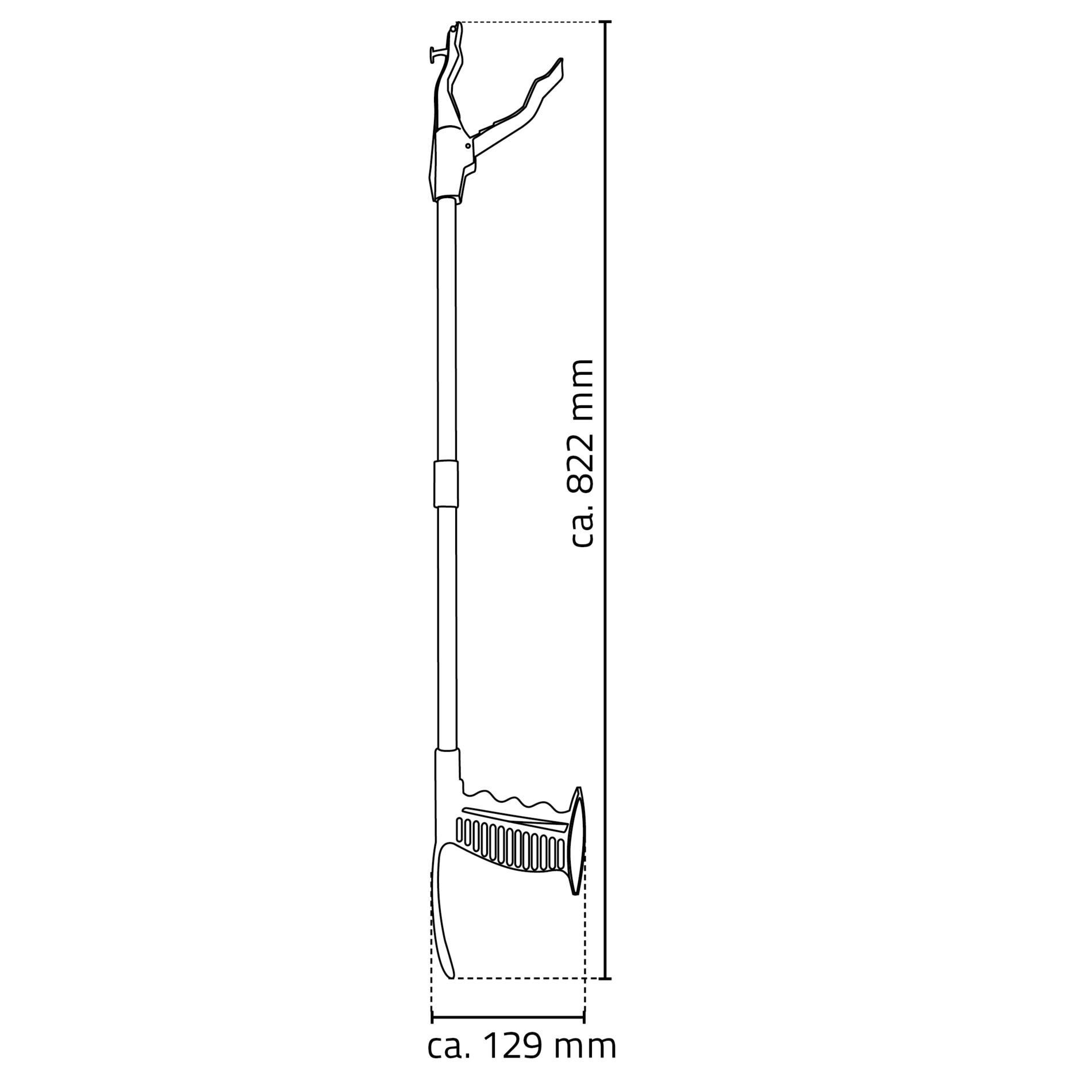 Technische Zeichnung, Greifhilfe, Maße: ca. 822 mm hoch, ca. 129 mm breit.