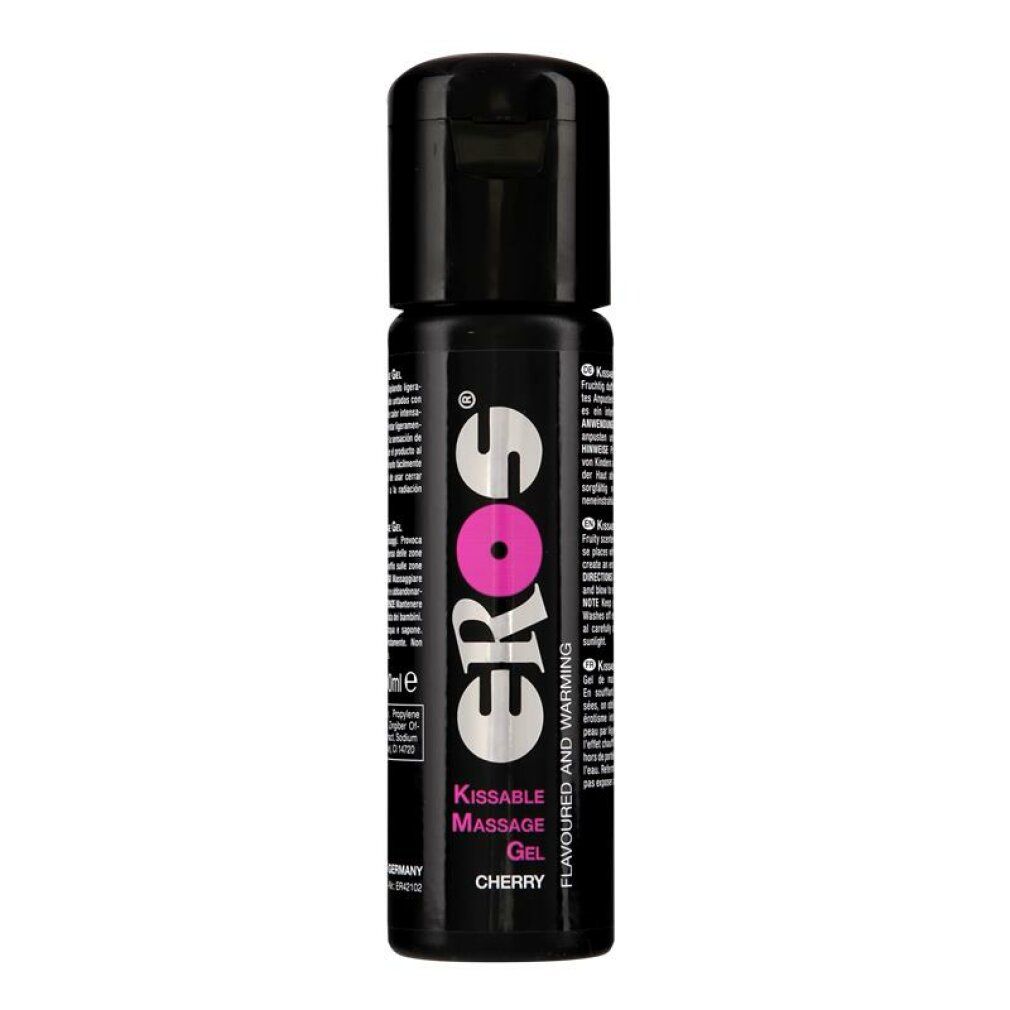 Schwarze Flasche mit schwarzem Deckel. Aufschrift: EROS, Kissable Massage Gel, Cherry.