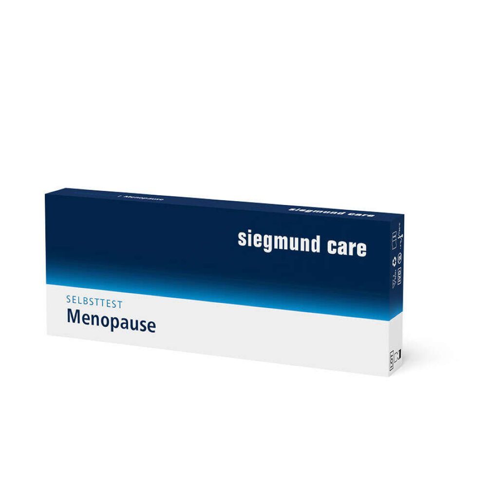 Verpackung von Siegmund Care Menopause Selbsttest. Blaue und weiße Schachtel mit Produktinformationen.