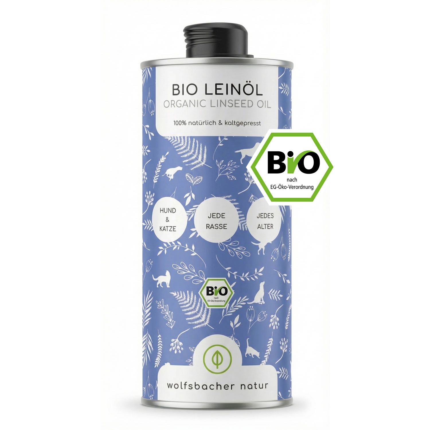 Zylindrische Dose mit schwarzem Deckel. Aufschrift: BIO Leinöl, 100% natürlich & kaltgepresst. Bio-Siegel. Wolfsbacher Natur Logo.
