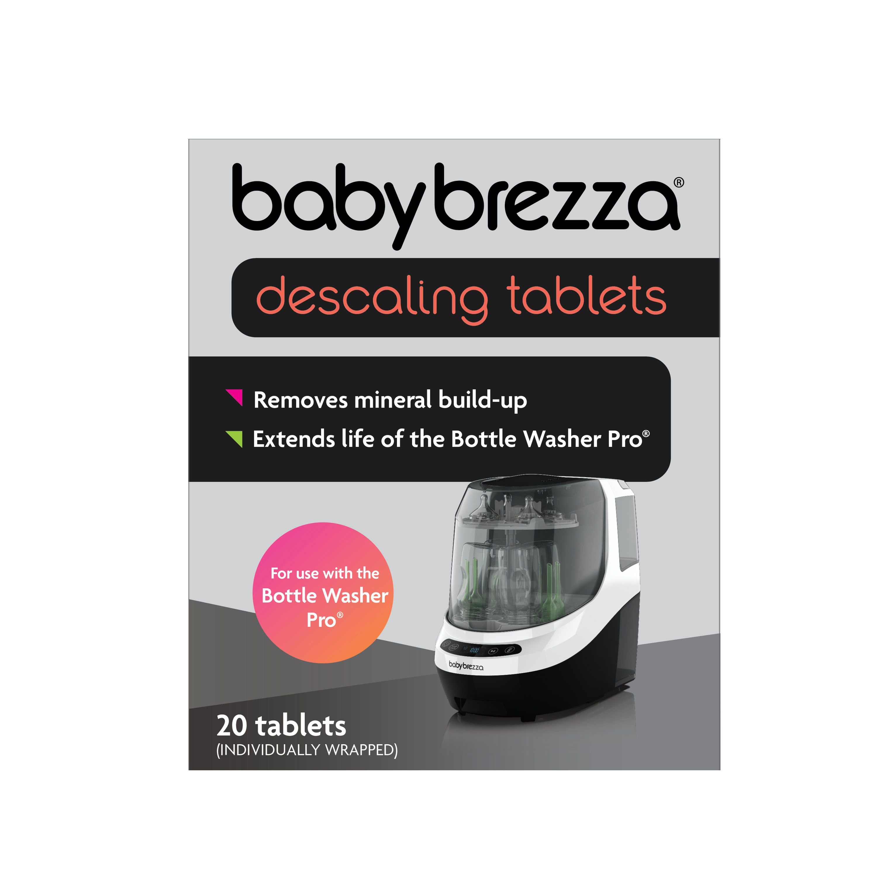 Baby Brezza Entkalkungstabletten, Packung. 20 Tabletten, einzeln verpackt. Produktabbildung.