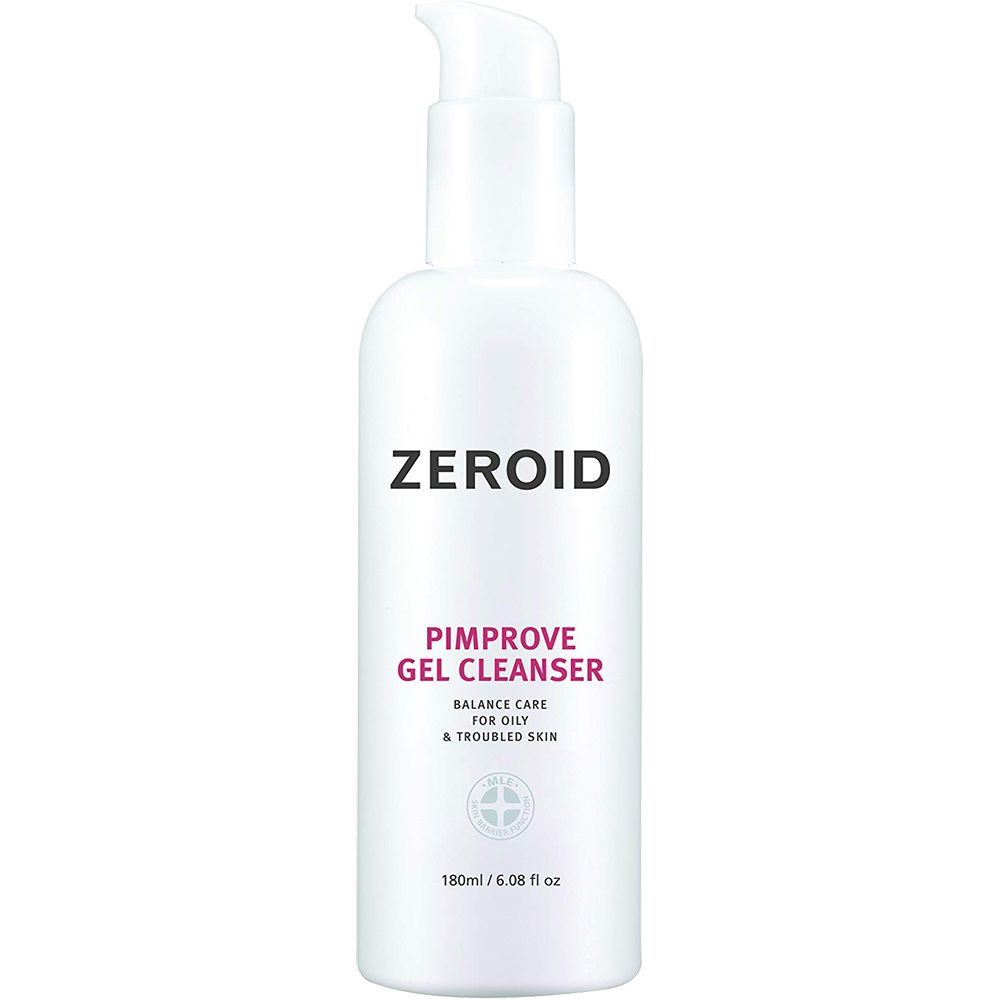 Weiße Flasche mit Zeroid-Logo und Pimprove Gel Cleanser-Text. Enthält 180ml. Für ölige und problematische Haut.