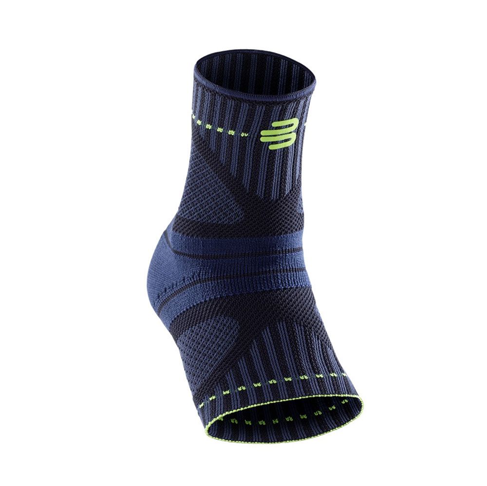 Dunkelblaue Sport-Ankelschutzbandage mit neongrünen Akzenten und Logo.