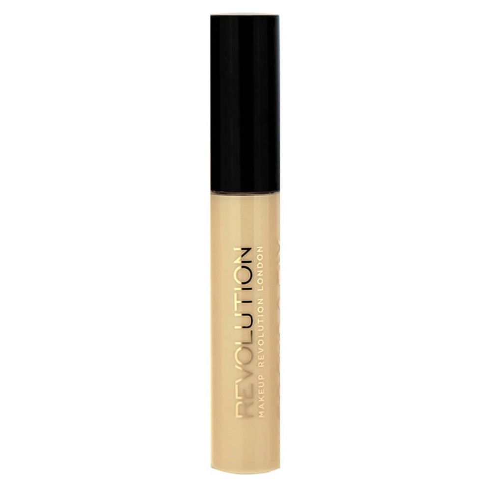 Ein flüssiger Concealer in einem transparenten Fläschchen mit schwarzem Deckel. Goldener Schriftzug "REVOLUTION MAKEUP REVOLUTION LONDON".