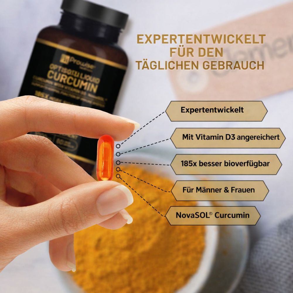 Hand hält eine Kapsel. Text: Expertentwickelt, Mit Vitamin D3 angereichert, 185x besser bioverfügbar, Für Männer & Frauen, NovaSOL Curcumin.