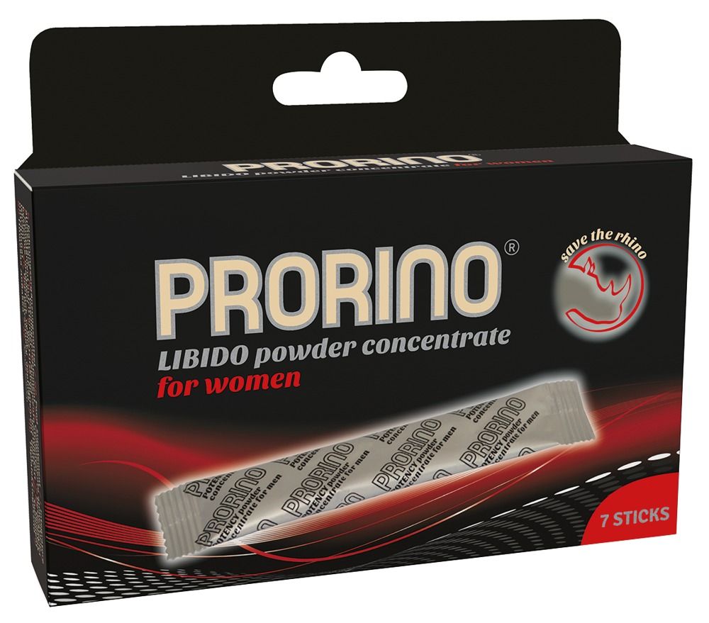 Schwarze Schachtel mit Prorino-Pulverkonzentrat für Frauen. Enthält 7 Sticks. Logo: Save the rhino.