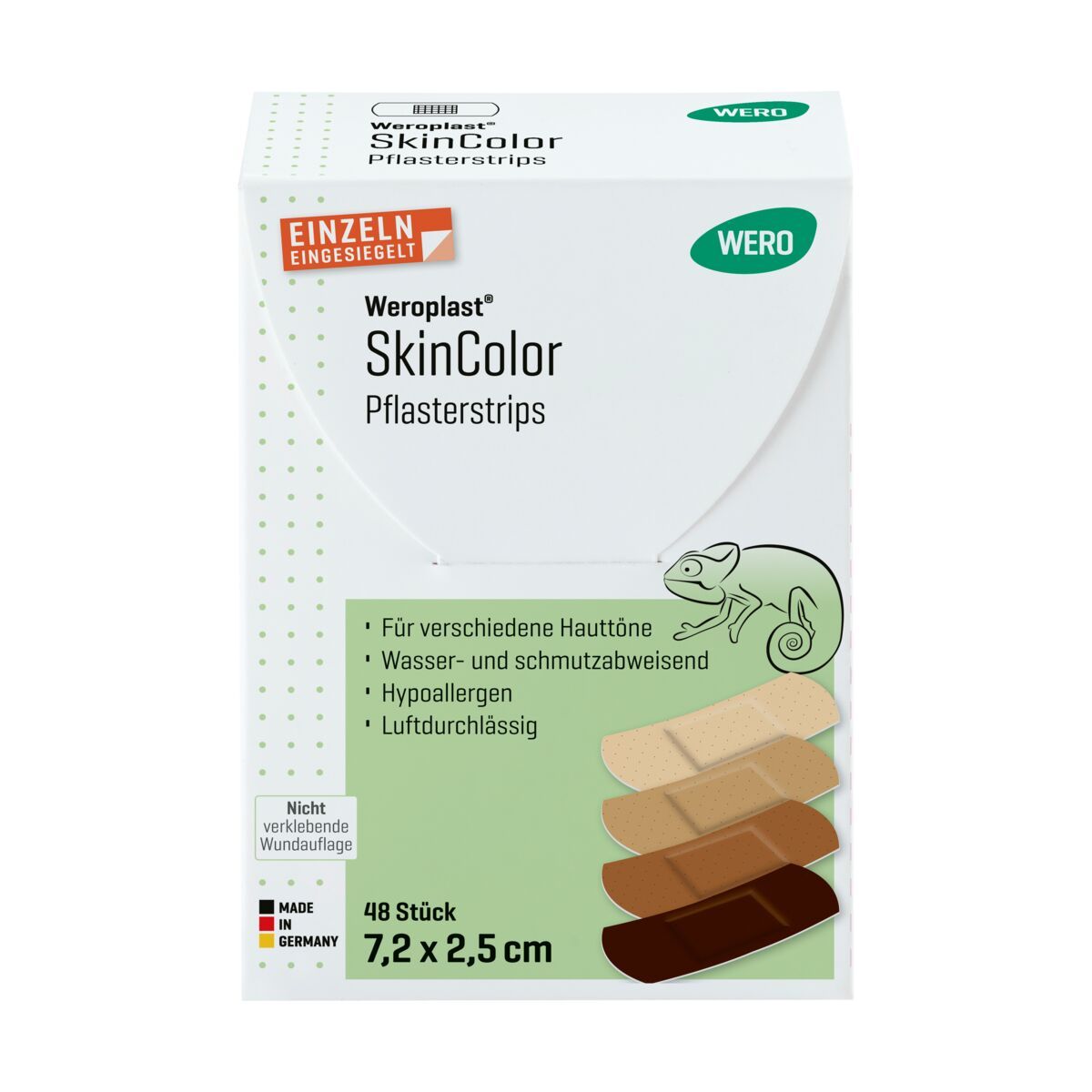 WERO Weroplast SkinColor Pflasterstrips Mix Packung mit 48 Stück, 7,2 x 2,5 cm, in verschiedenen Hauttönen.
