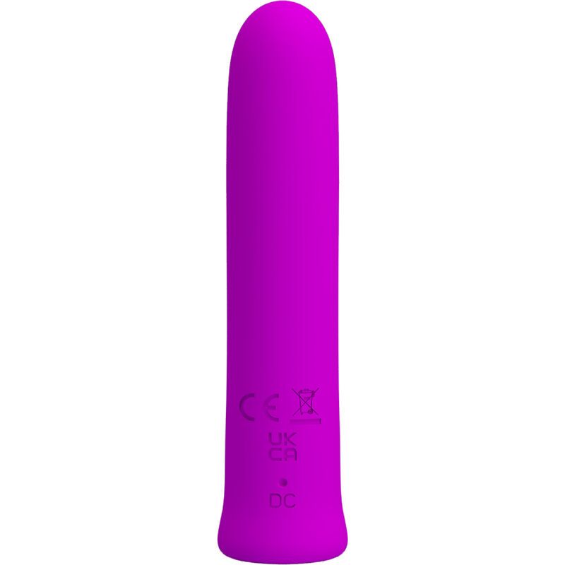 Lila Vibrator mit gerader Form. CE- und UKCA-Zeichen sowie DC-Ladeanschluss sichtbar.