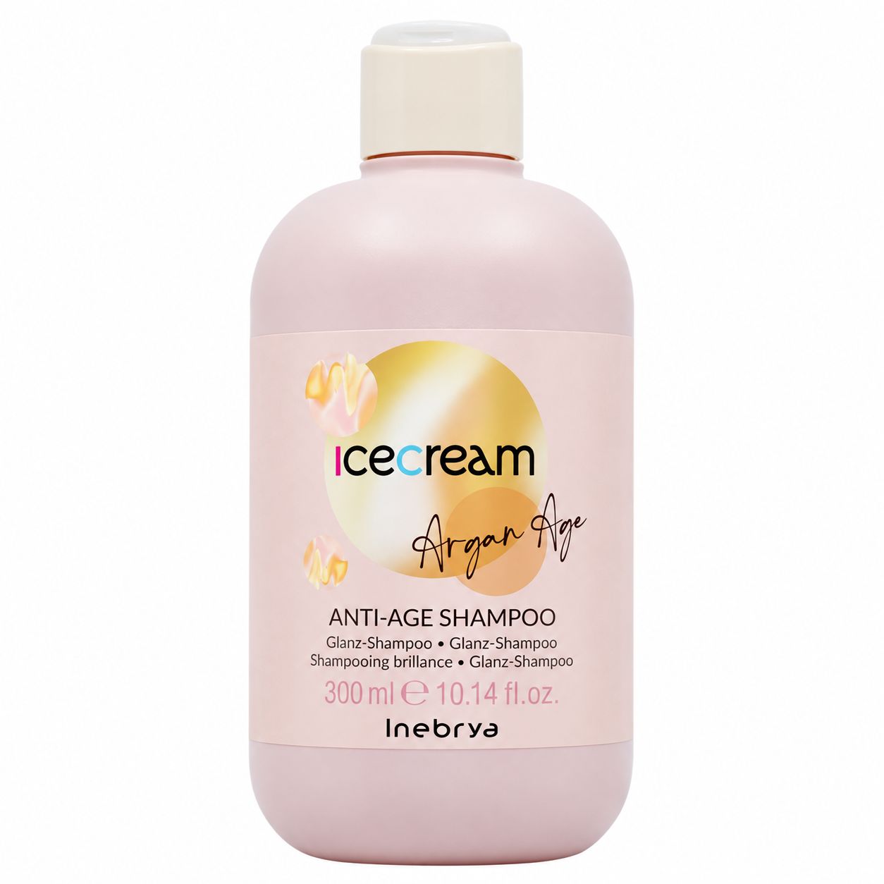 Inebrya Icecream Argan Age Anti-Age Shampoo, 300ml, in rosa Flasche mit hellem Verschluss.