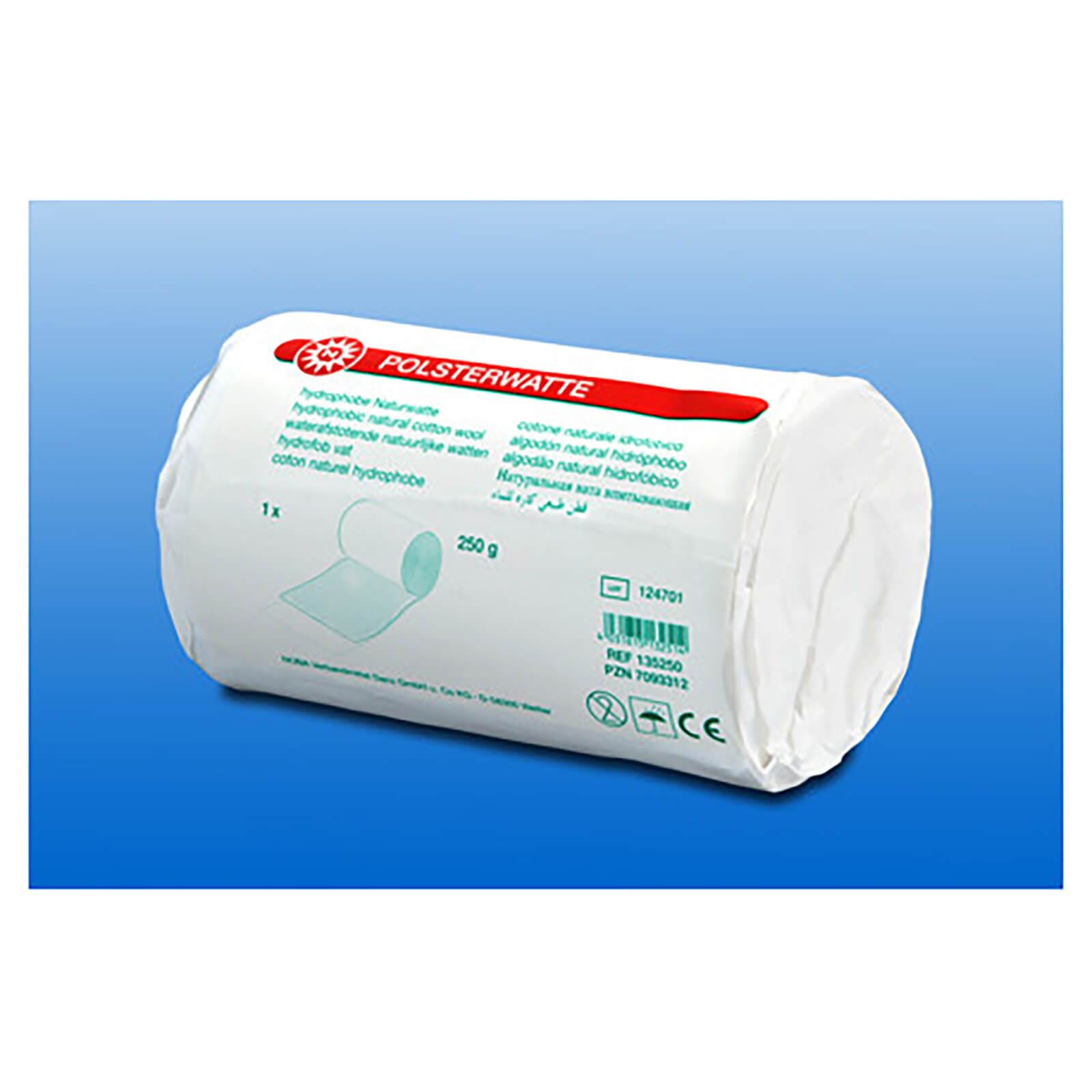 Verpackte Polsterwatte. Zylindrische Form, weiß. Mit roter Beschriftung. Auf blauem Hintergrund.