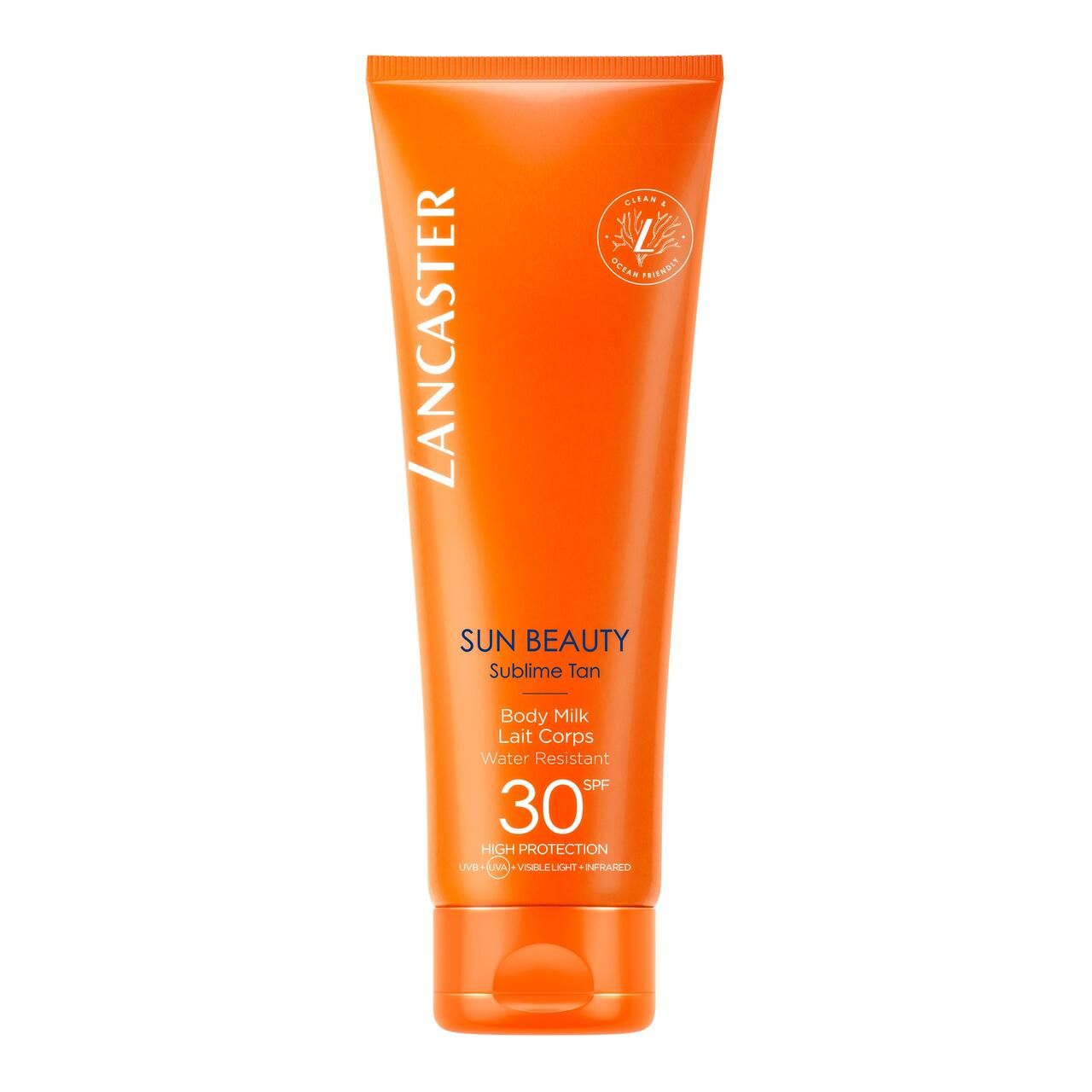Orangefarbene Tube mit weißem Schriftzug Lancaster, Sun Beauty, Sublime Tan, Body Milk, SPF 30. Vegan-Siegel.