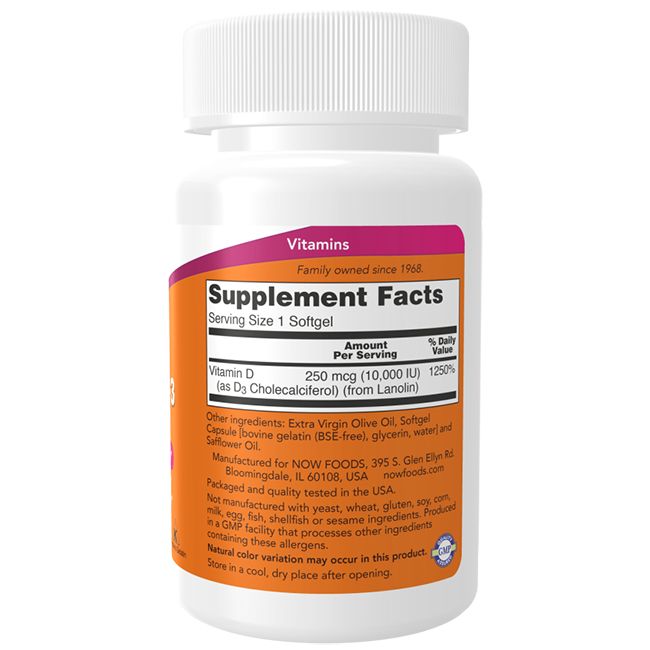 Weichkapseln in weißer Flasche mit orangefarbenem Etikett. Schriftzug: Supplement Facts, Vitamin D. Enthält 120 Weichkapseln.