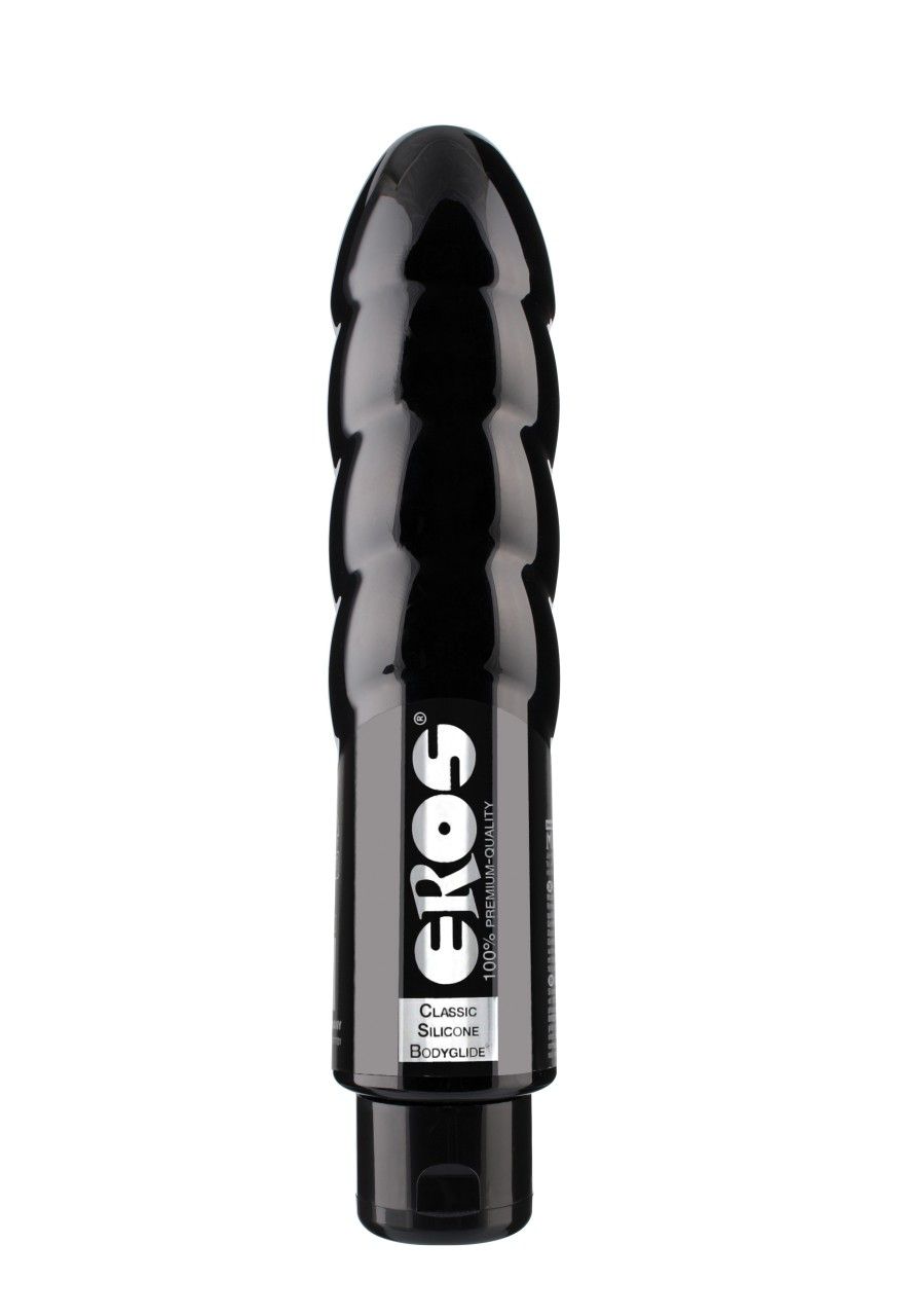 Schwarzes Produkt mit geriffelter Oberfläche. Aufschrift "EROS CLASSIC SILICONE BODYGLIDE".