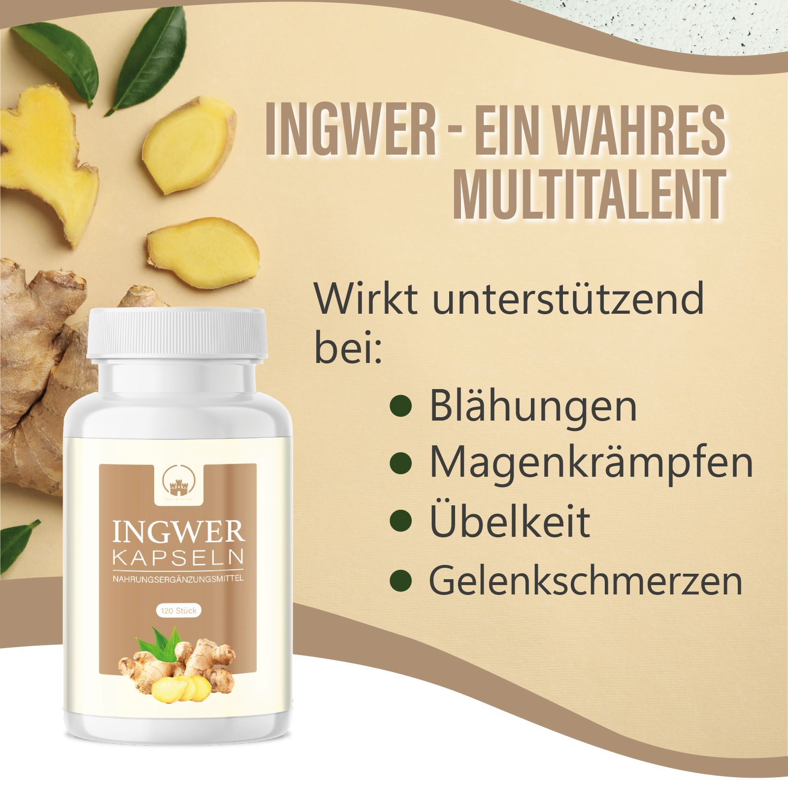 Werbebild. Weiße Flasche mit braunem Etikett. Text: INGWER KAPSELN. Text: Ingwer - ein wahres Multitalent. Auflistung von Vorteilen.
