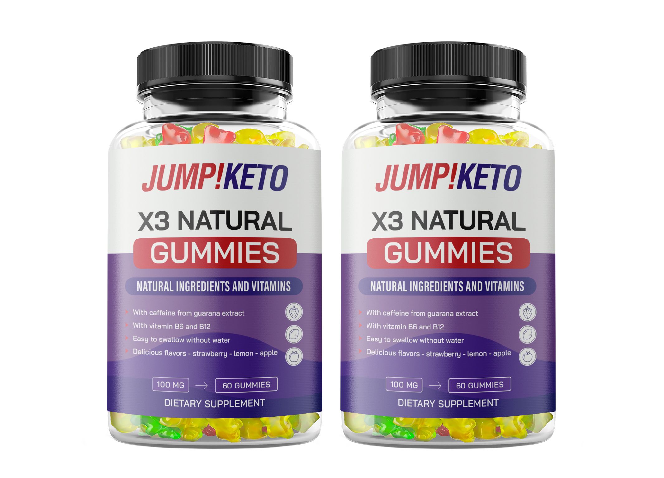 Zwei durchsichtige Flaschen Jump!Keto X3 Natural Gummies mit 60 Gummies und 100 mg.