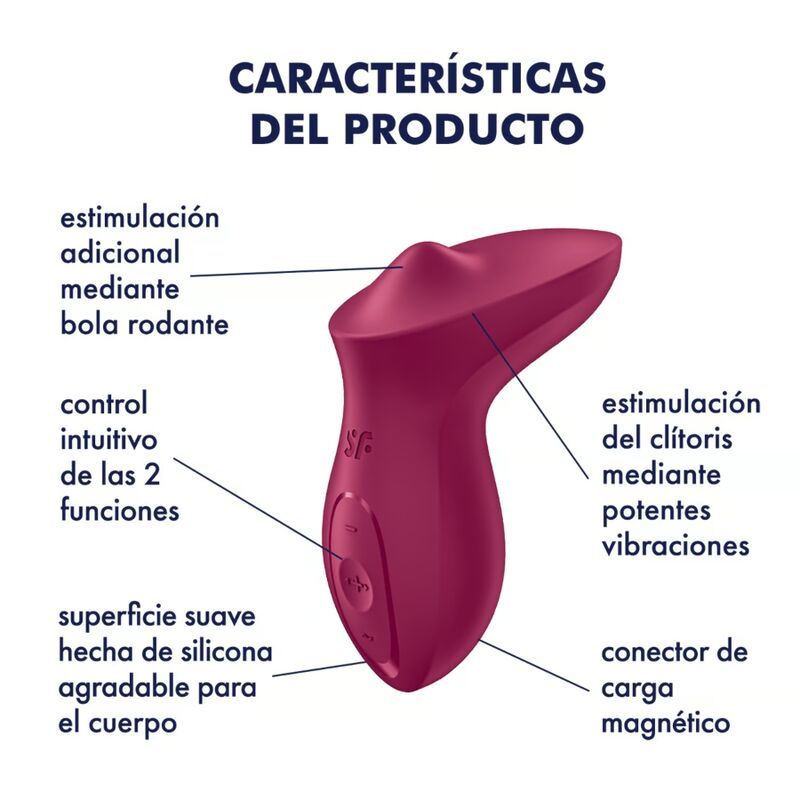 Burgunderfarbener Auflegvibrator mit Bedienknöpfen und Produktbeschreibungen auf Spanisch. Das Logo "sf" ist sichtbar.