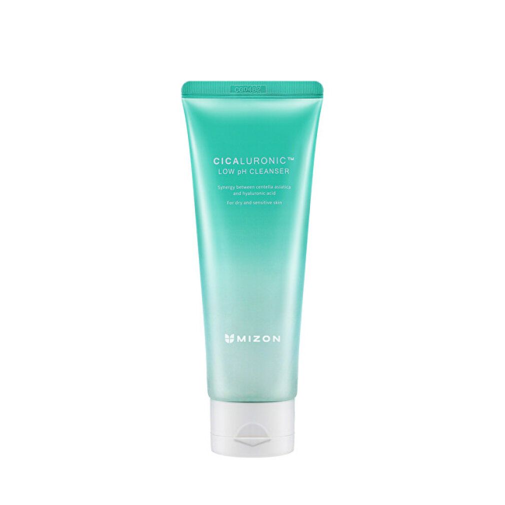 Eine Tube Mizon Cicaluronic Low pH Cleanser steht aufrecht.