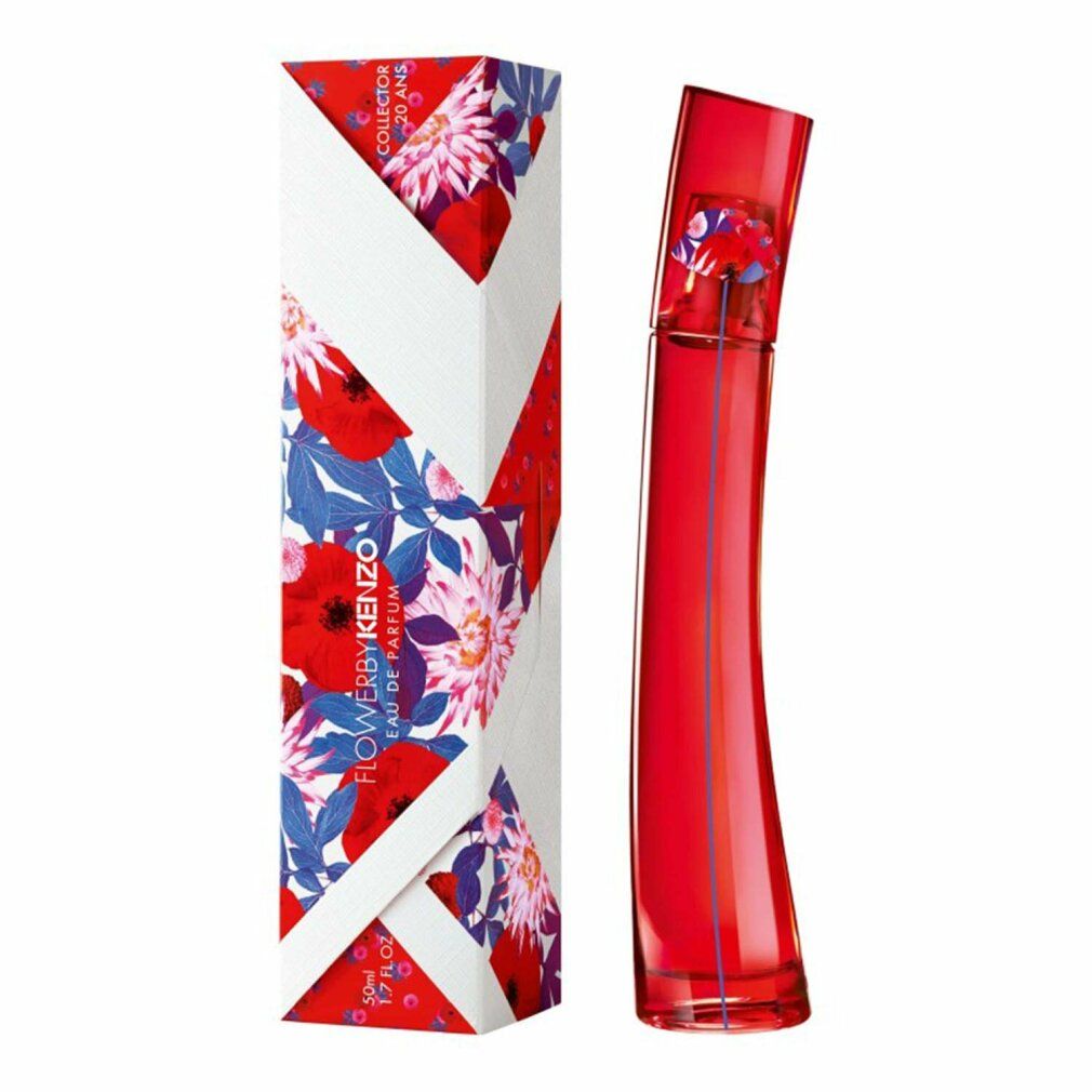 Roter Flakon und Verpackung. Verpackung mit Blumenmuster und Schriftzug 'Flower by Kenzo'. Flakon mit roter Kappe und blauer Linie.