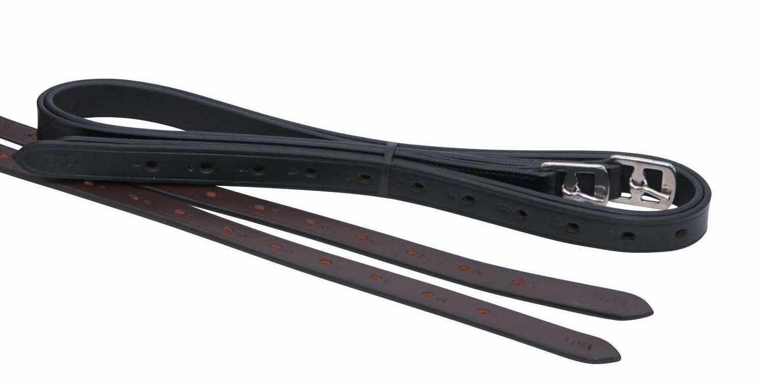 Schwarze und braune Steigbügelriemen aus Leder mit Schnallen.