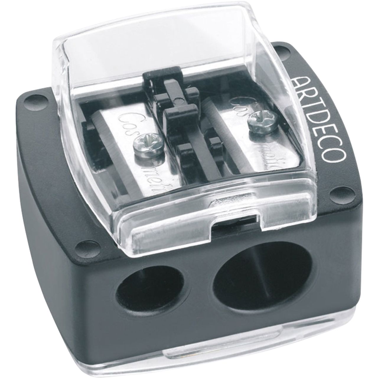 Artdeco Spitzer Duo. Schwarzer Spitzer mit transparentem Deckel. Zwei Öffnungen für Stifte.