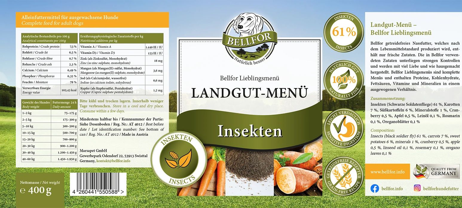 Bellfor Hypoallergenes Hundefutter Nass mit Insekten Getreidefrei - Landgut-Menü