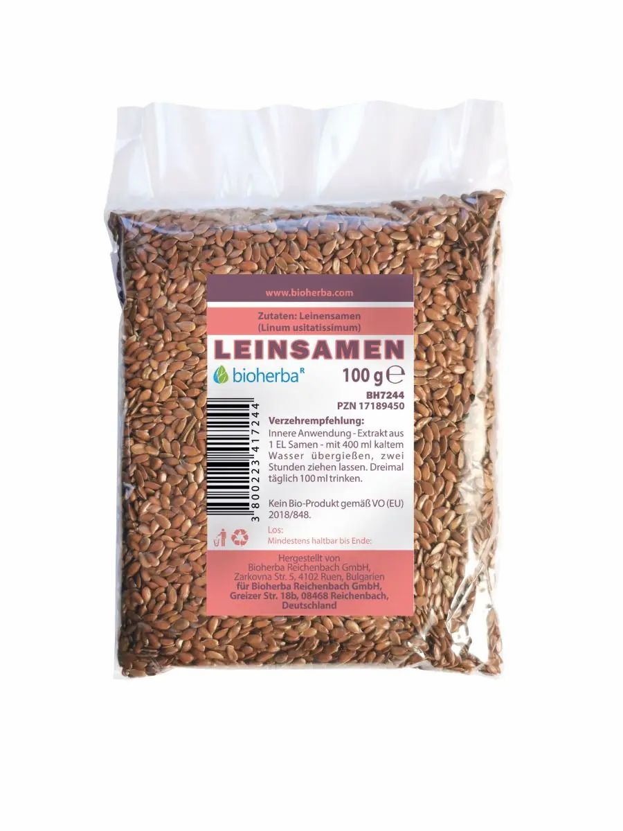 Bioherba Leinsamen in transparenter Verpackung. Braune Samen, rechteckiges Etikett mit Text und Barcode.