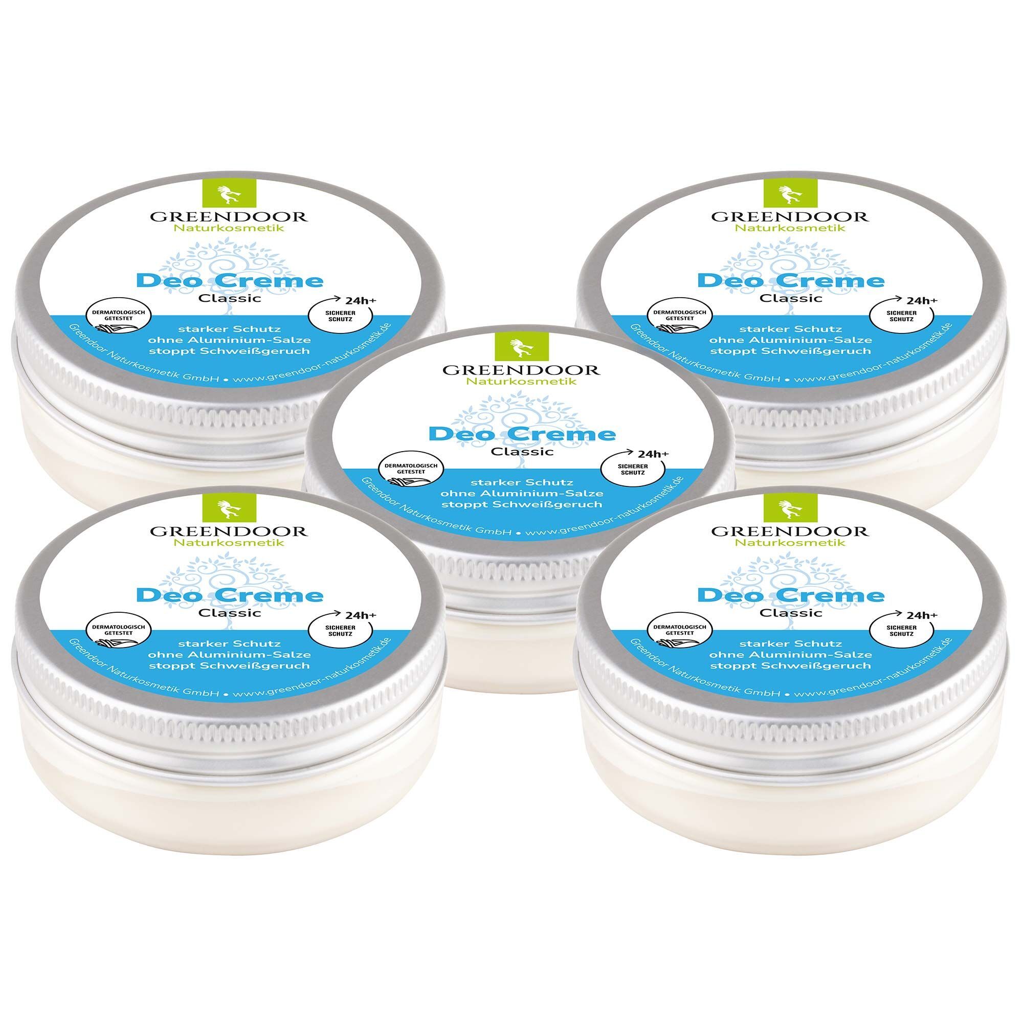 Fünf GREENDOOR Deo Creme Classic Tiegel mit silbernem Deckel und blauem Etikett.
