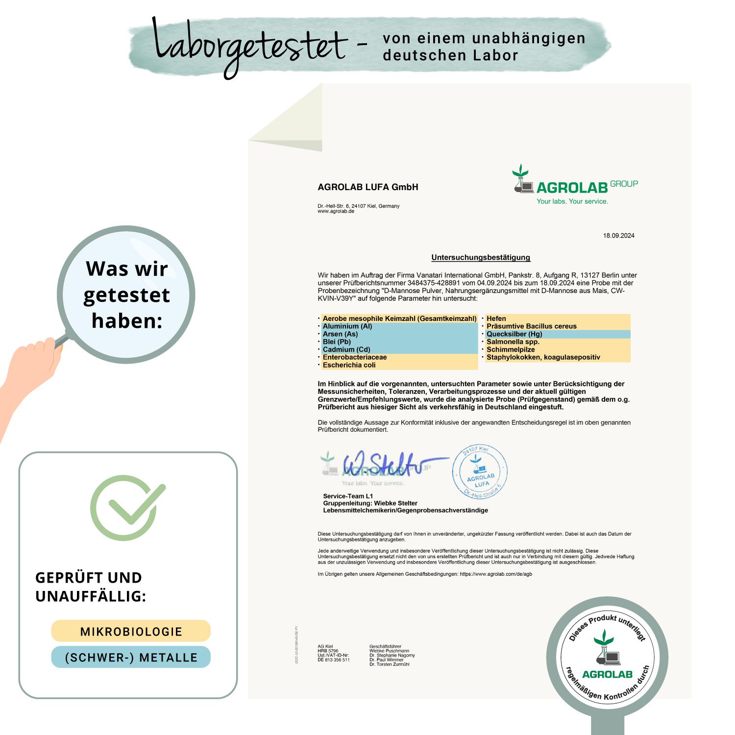 Zertifikat von Agrolab LUFA GmbH. Bestätigt die Prüfung von D-Mannose Pulver auf verschiedene Parameter.