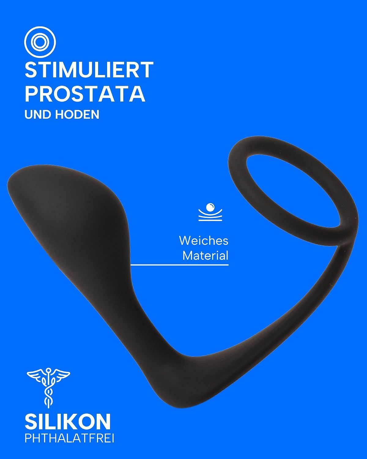 Schwarzer Silikon-Stimulator, 10 cm lang, mit einem Ring von 3,6 cm Durchmesser.