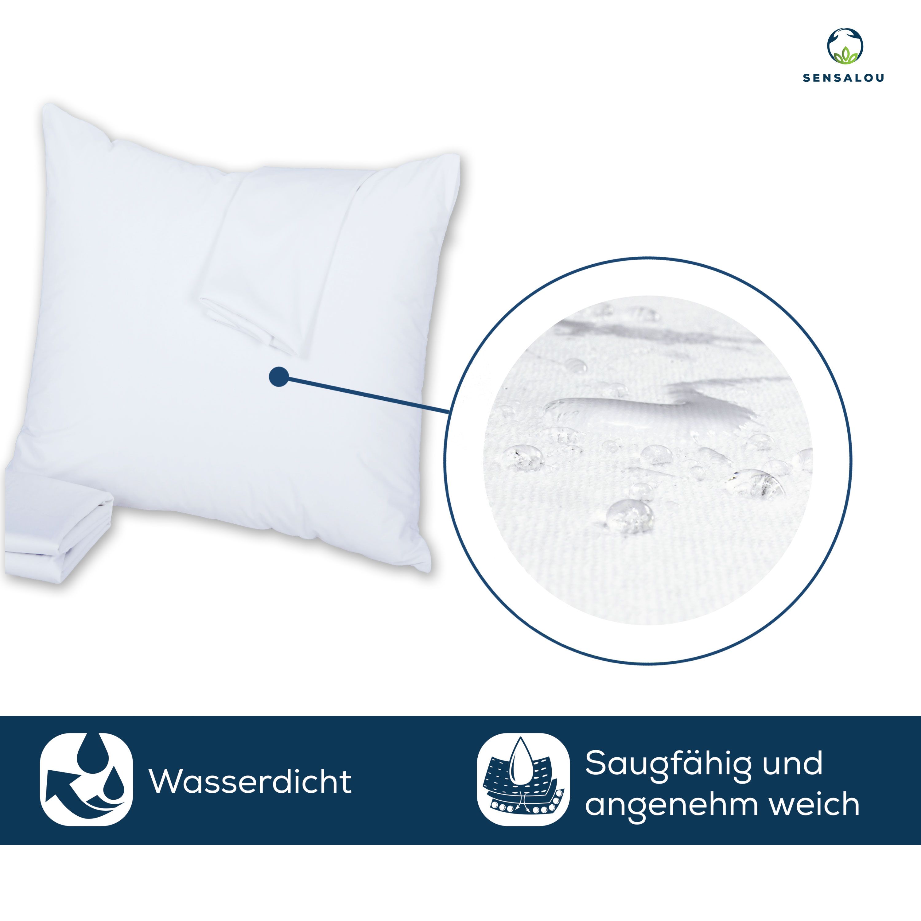 Weißer Kopfkissenbezug mit Wasserflecken-Darstellung. Text: Wasserdicht, saugfähig und weich. Logo: Sensalou.