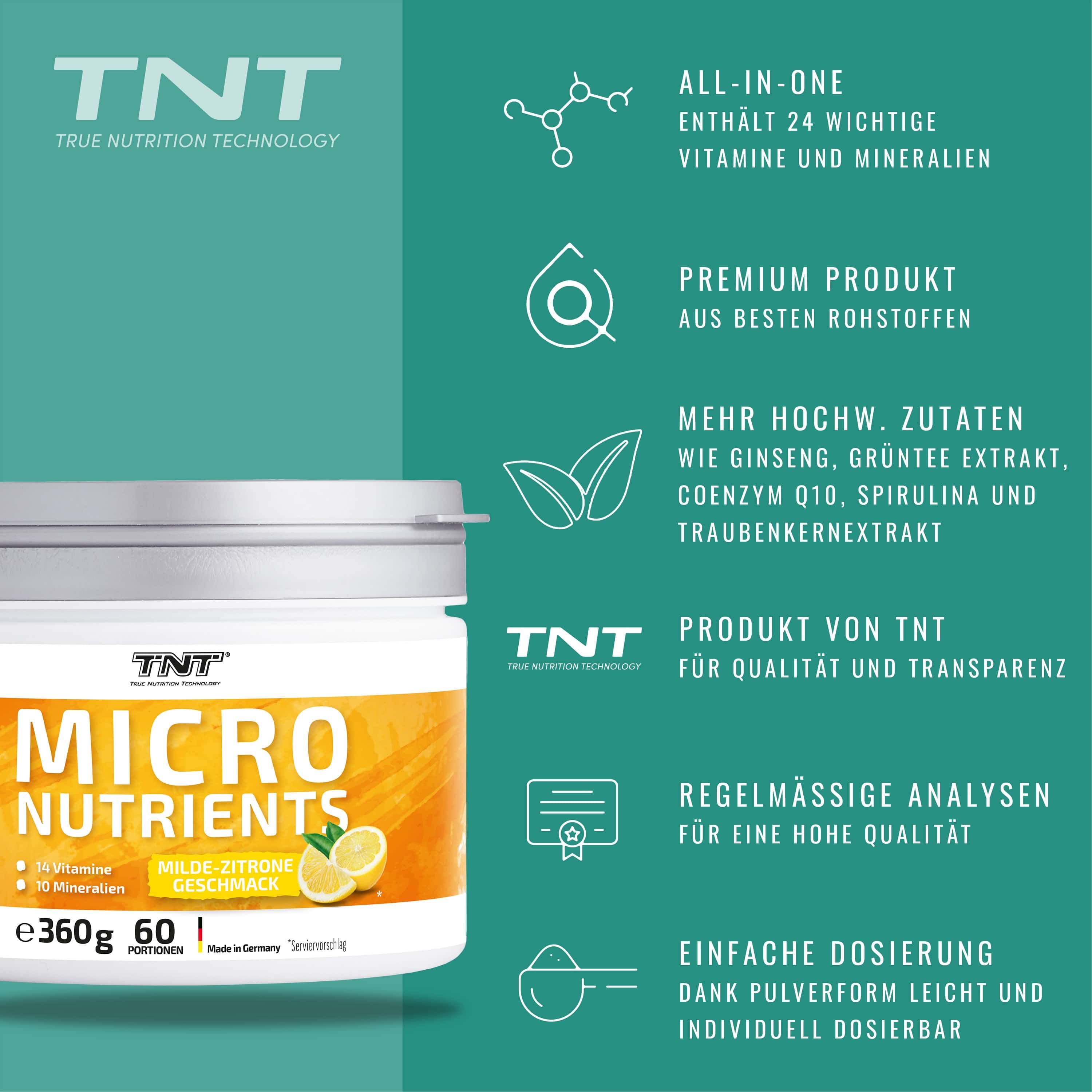 Behälter mit MICRO NUTRIENTS. Text: ALL-IN-ONE, enthält 24 wichtige Vitamine und Mineralien. Premium Produkt. Einfache Dosierung.