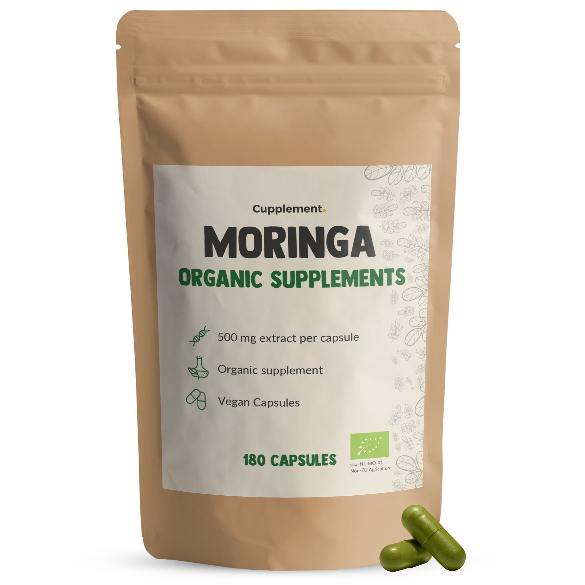 Beutel mit Cupplement Moringa 500 mg BIO. Enthält 180 Kapseln. Vegan, Bio-Zertifizierung.