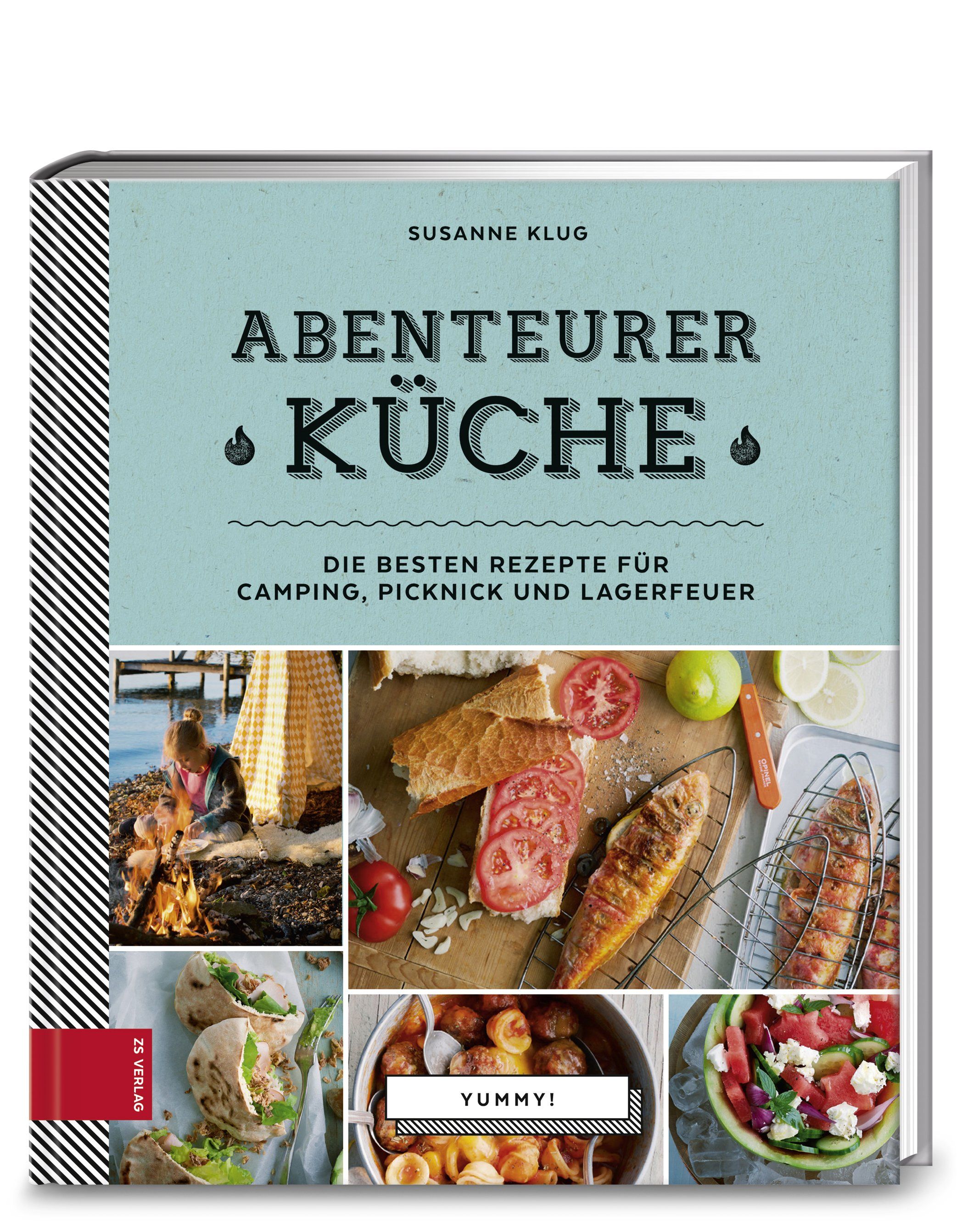 Kochbuch "Abenteurerküche" mit Rezepten für Camping, Picknick und Lagerfeuer. Auf dem Cover: Fotos von Gerichten. Verlag-Logo.