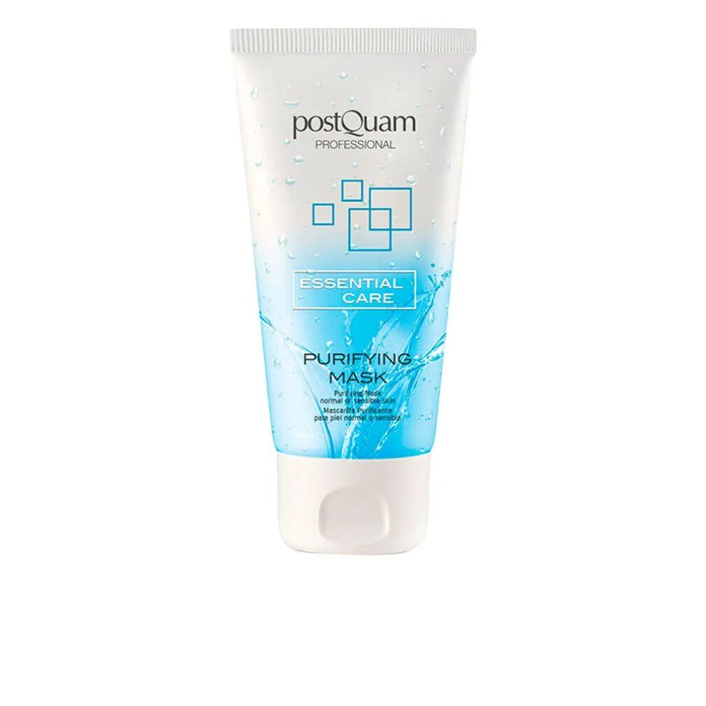 Weiße Tube mit blauem Design. Aufschrift: Postquam Professional, Essential Care, Purifying Mask. Produkt für die Gesichtspflege.